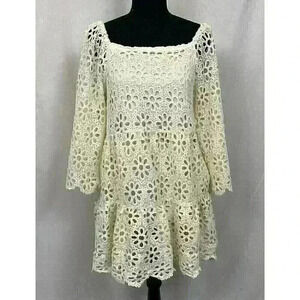 VICI Womens Small Ivory Dress Crocheted Daisy Ruffled Lined 3/4 Sleeves Eyelets